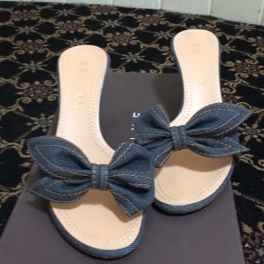 Celine Indigo Denim Bow Kitten HeelMules  37